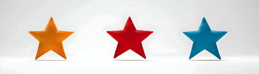 Obraz premium Three Colorful Star-Shaped Cushions on White Background. Soft, plush, decorative stars adding vibrancy and charm to any space.