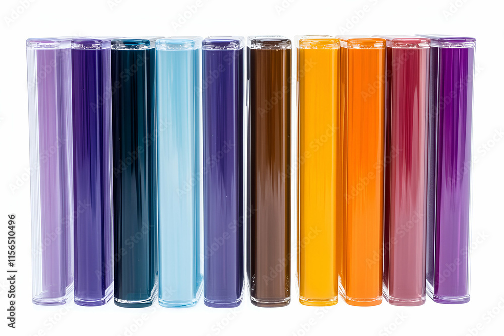Poster colorful vertical rectangular containers arranged in a row, displaying a spectrum of hues
