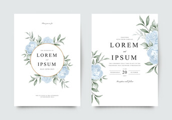 Dusty blue roses green leaves on the wedding invitation template
