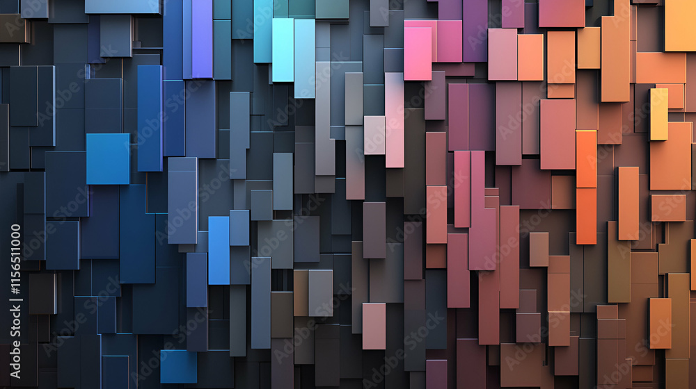 Poster abstract geometric blocks, hues of blue, pink & orange. a vibrant composition of rectangular shapes 