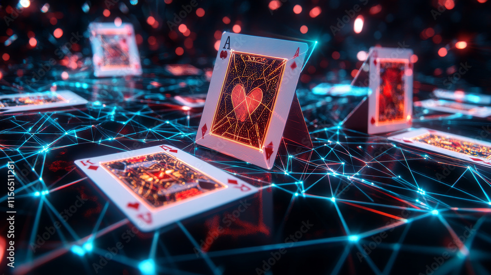 Poster hologram playing cards. the casino consists of polygons, triangles of points and lines. playing card