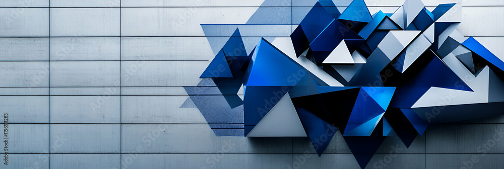 Poster abstract blue geometric wall art, triangles interlock dynamically on a textured surface, creating a 
