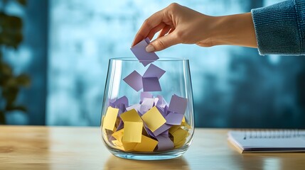 Woman taking paper piece from glass vase on table. Lottery