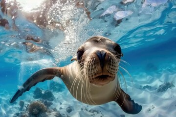 Fototapeta premium A funny sea lion swimming gracefully underwater, its playful expression and curious eyes highlighted as it moves through the clear blue ocean, surrounded by bubbles and sunlight