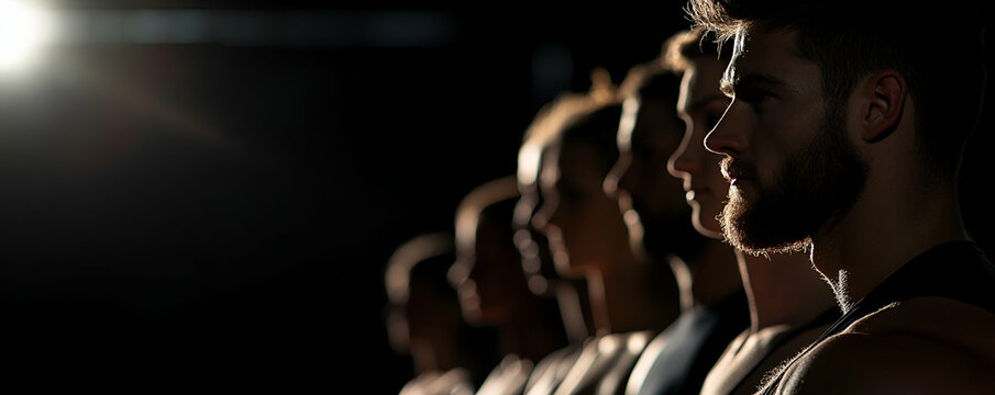 Silhouette of Men in a Row, Waiting Intently, Hopeful and Determined, Team Unity Displayed