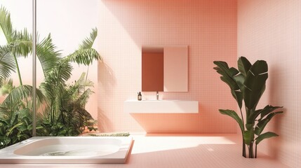Fototapeta premium Serene Pink Bathroom With Tropical Plants And Tub