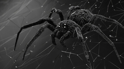 Spider hologram. Black widow of polygons, triangles of points and lines. Black widow low-poly compound structure. The technology concept.