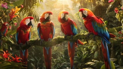Naklejka premium A group of colorful macaws basking in the sunlight, perched among tropical trees, with cascading greenery and vibrant blossoms in the background