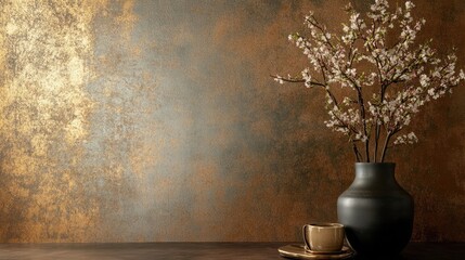 Dark Vase Holds Blooming Branches Against Gold Wall