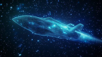 3d moving high-speed train in dark blue. Railway logistics, transport, tourism and technology concept. Abstract vector mesh looks like starry sky. Digital low poly wireframe with connected dots
