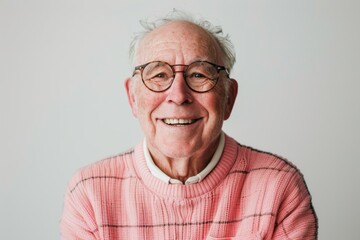 A happy older man wearing modern glasses, his warm and radiant smile enhancing the simplicity of the white background