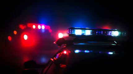 Police car chasing a car at night with fog background. 911 Emergency response police car speeding to scene of crime. Selective focus