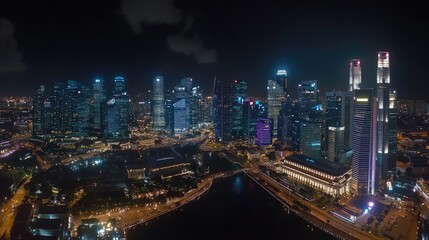 Nighttime Aerial View of Singapore City Skyline