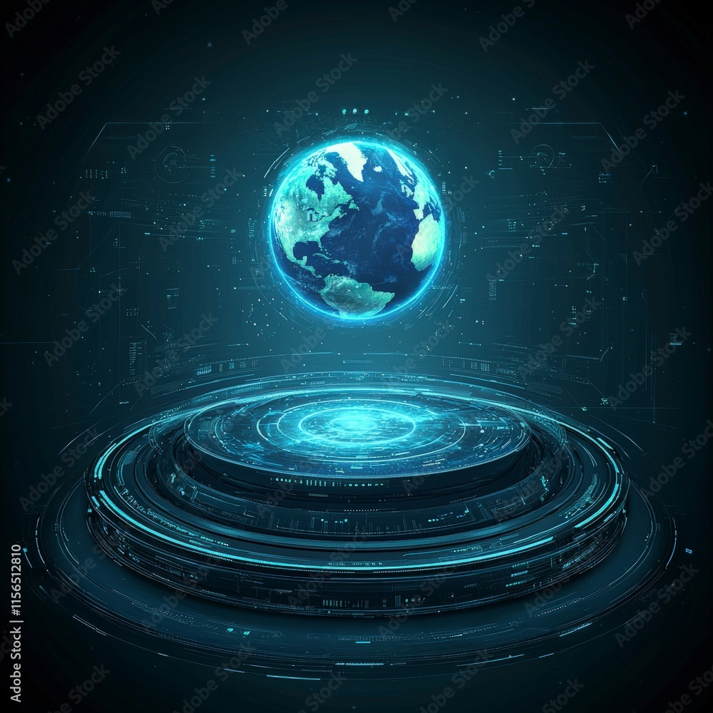 Poster futuristic globe hologram on tech platform global network data ai innovation