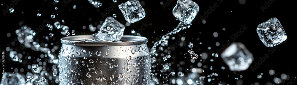 Poster refreshing drink can with ice cubes splashing dynamically