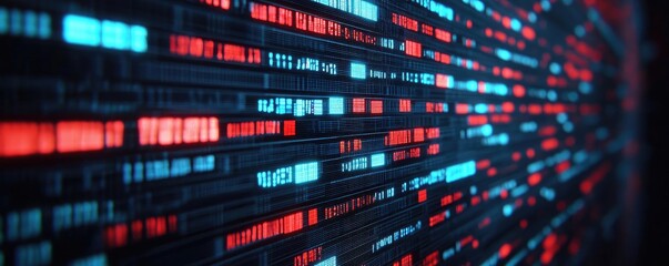 Naklejka premium Financial data idea. Abstract digital background showcasing vibrant data streams in red and blue colors.