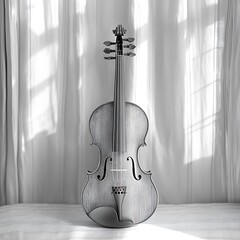 A monochrome violin rests before a sheer curtain