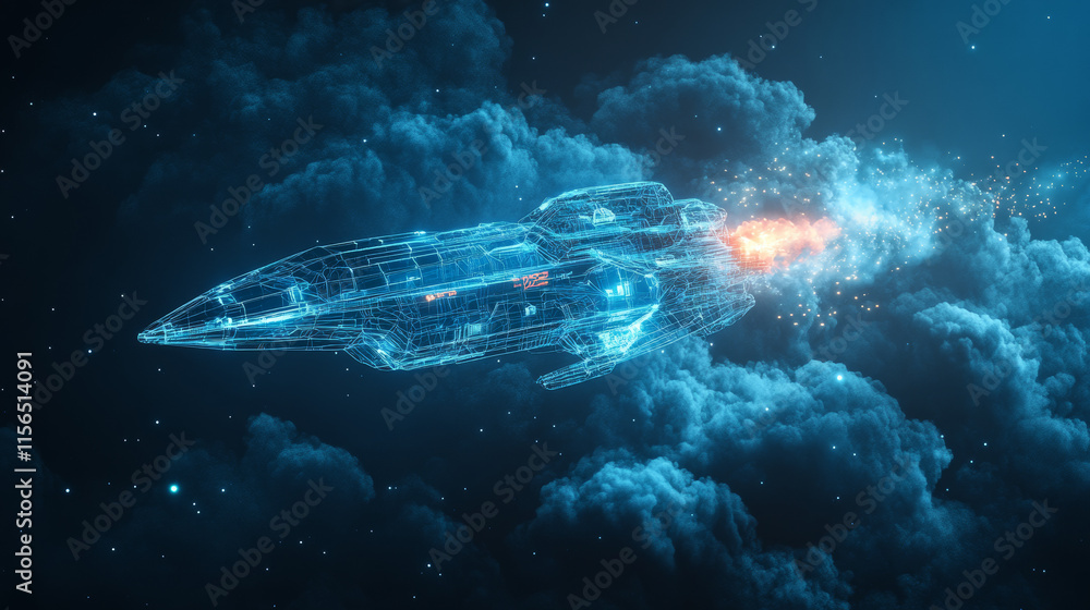 Poster abstract space shuttle launches into space. glowing rocket and smoke under it. digital start-up and 