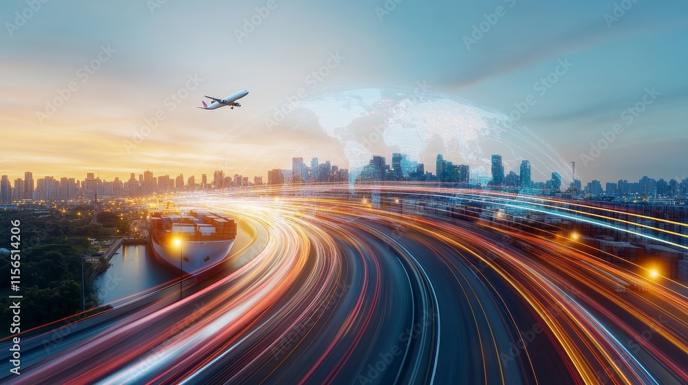 Poster dynamic urban landscape with airplane flying, world map overlay and light trails showing motion in m