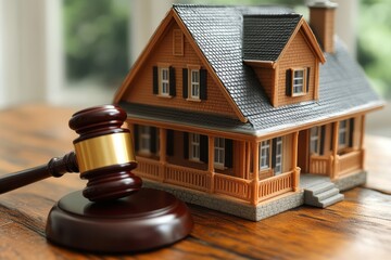 Real estate law concept with gavel and house model on a table, blurred marine background, high-detail close-up, ultra-realistic style.