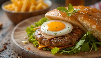 Close-up of a Gourmet Burger with a Fried Egg,