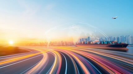 Vibrant Sunset Over a Busy Port with a Container Ship, City Skyline, and Airplane in Motion, Representing Global Trade and Transportation Dynamics