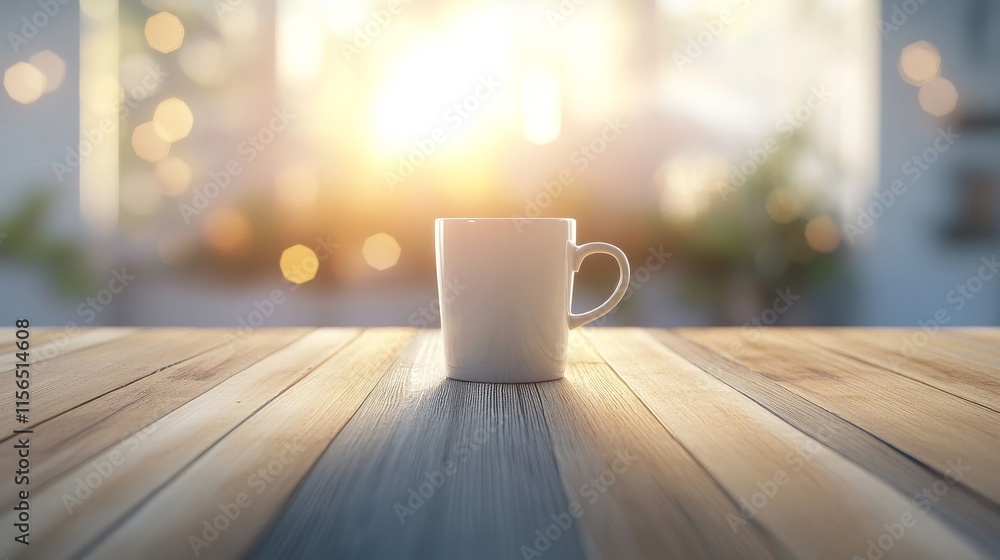 Poster white ceramic coffee cup on wooden table with sunlight and bokeh in soft focus background creating a
