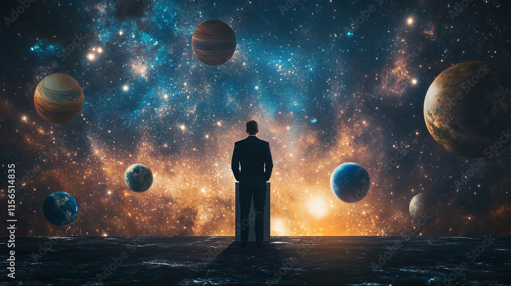 Poster abstract image of a business man standing behind rostrum in the form of a starry sky or space, consi