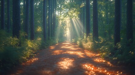 Obraz premium Sunbeams Illuminate Forest Path Through Trees
