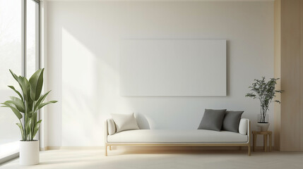 Minimalist living room with white sofa and wall radiator