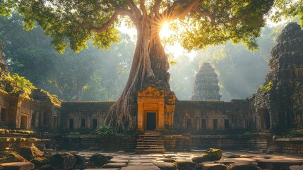 Fototapeta premium A majestic tree rises over ancient temple ruins, illuminated by sunlight filtering through foliage.