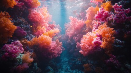 Fototapeta premium Abstract underwater coral reef with colorful coral and light beam