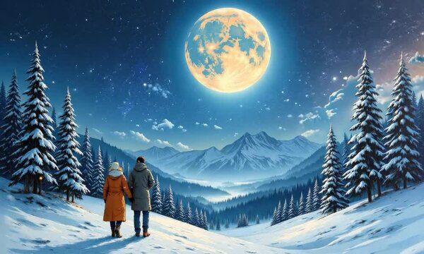 Winter Wonderland: Couple in Snowy Forest under Full Moon - Perfect for Holiday Greetings or Romantic Wall Art