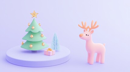 pastel Christmas celebration soft tones concept. Playful 3D Christmas scene with a decorated tree, gifts, and a cute reindeer on a pastel background.