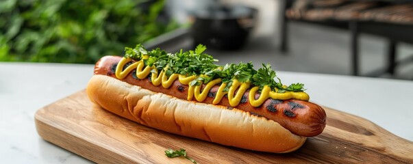 Hotdog grill concept. Delicious hot dog topped with mustard and fresh herbs on a wooden cutting board.
