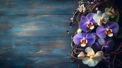 Elegant purple and white orchids arranged on rustic blue wood