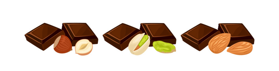 Set of chocolates with nuts. Vector cartoon flat illustration of sweet food.