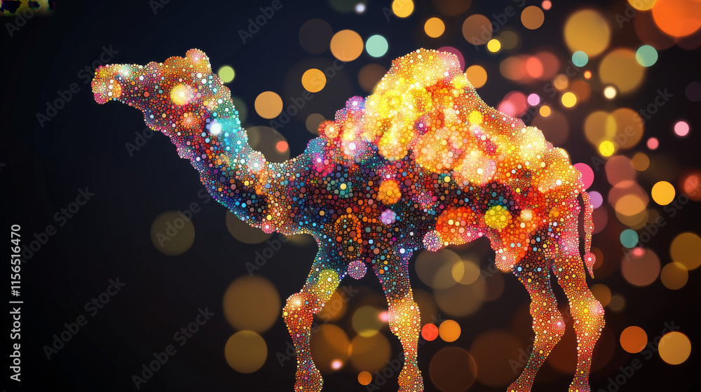 Poster camel of the particles. camel consists of circles and points. vector illustration