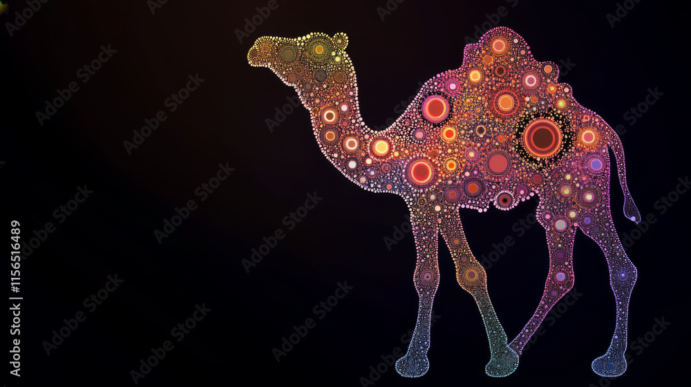 Poster camel of the particles. camel consists of circles and points. vector illustration