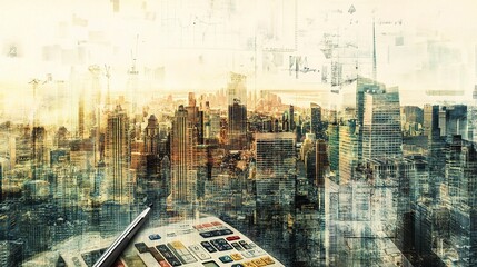 Double Exposure of Cityscape with Office Background and Abstract Details