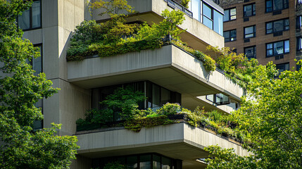 Fototapeta premium Apartment Building with Stylish Large Balconies, and Greenery-Filled Terraces