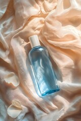 A bottle of light blue liquid with a white label is lying on top of the tablecloth, surrounded by soft satin fabric