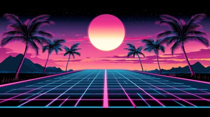 Naklejka premium Futuristic landscape with palm trees along grid-like road, A miami vice theme