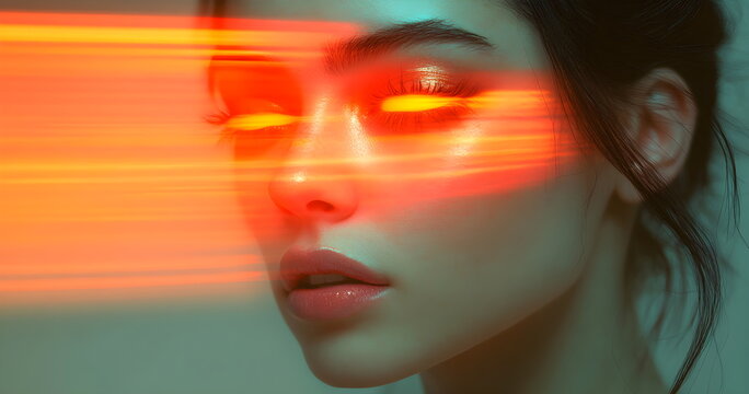 Abstract portrait of a woman with dopey eyes, glowing orange blur effect on her face. Trip, hallucinations, ecstasy