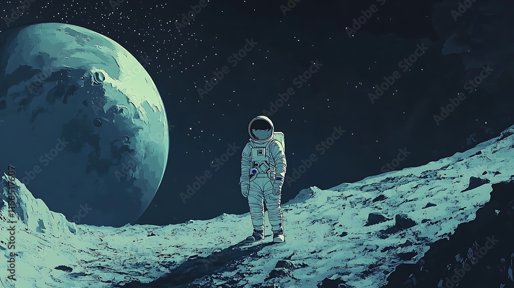 Poster view of space landscape with an astronaut standing on the planet and moon view in the sky, beautiful