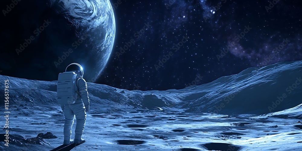 Poster view of space landscape with an astronaut standing on the planet and moon view in the sky, beautiful