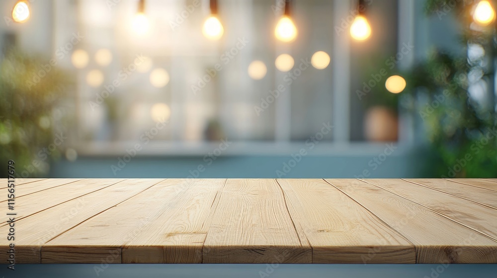 Poster rustic wooden table with soft focus background of warm hanging lights and blurred greenery in a cozy