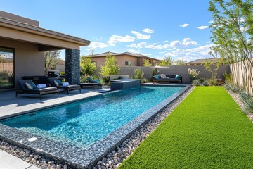 Fototapeta premium Modern Arizona home with pool and grassy area, minimalist landscaping, contemporary landscape design, captured with 24mm lens, HD photography, high detail.