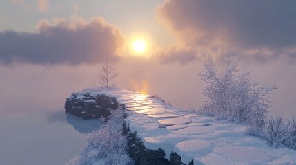 Podium on a snowy ledge with the sun breaking through the clouds