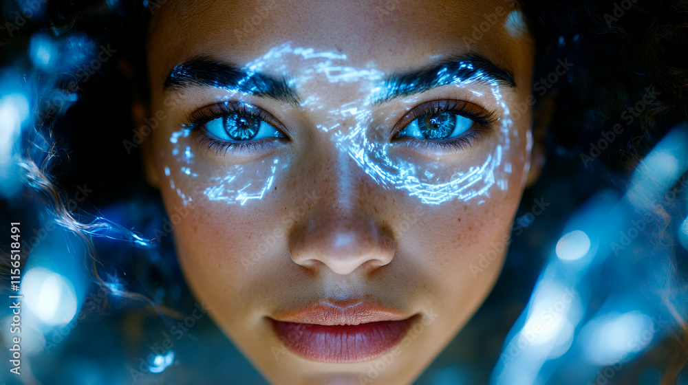 Poster digital aura, woman's face illuminated by futuristic light patterns. exploring technological integra